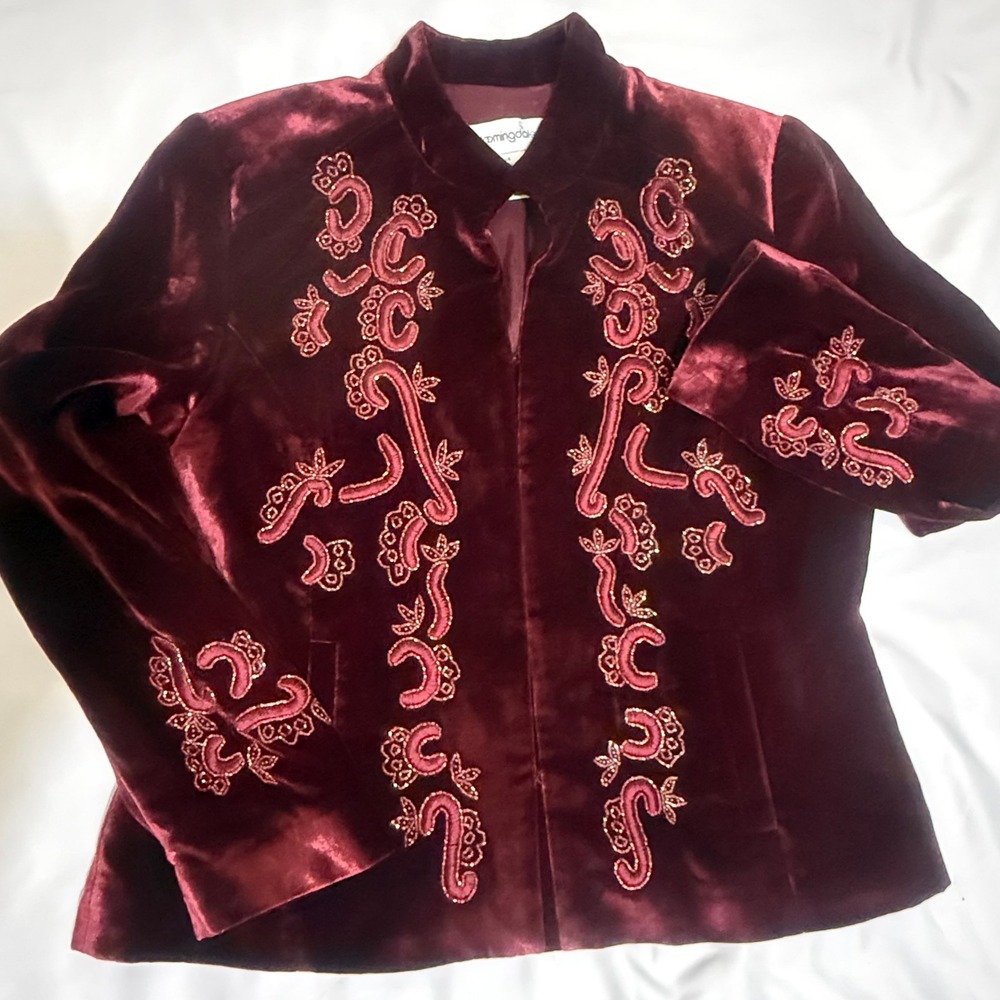 Bloomingdales Womens Silk Blend Velvet Embroidered Beaded Jacket Burgundy Sz 14